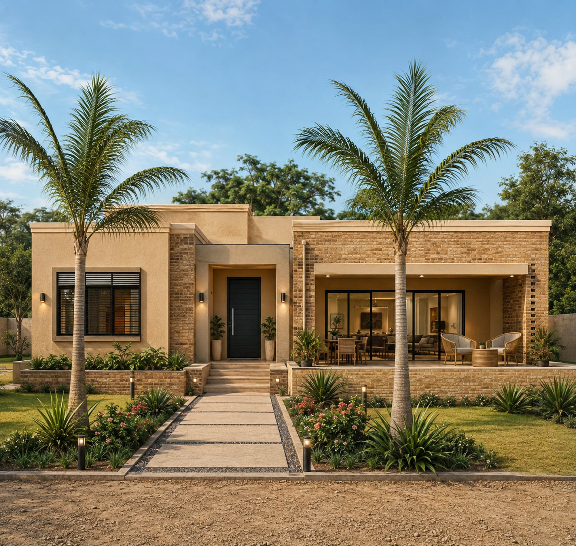 A modern Ubuntu Eco Gardens home concept with a stone and render facade framed by palm trees
